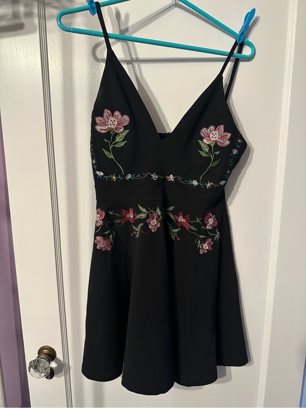 privy Black Floral Embroidered Mini Dress with Pink and Green Accents